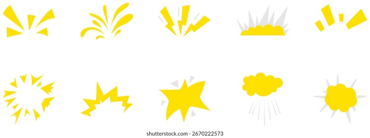 A vibrant and colorful collection of various comic and scrapbook-style elements, including lightning bolts, starbursts, explosions, and cloud icons.