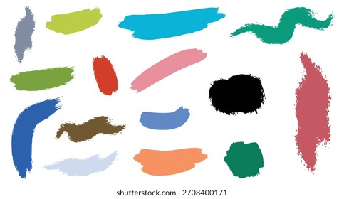 A vibrant and colorful collection of vector grunge brush strokes, featuring a variety of hand-drawn abstract shapes, textures, and paint splashes for modern creative designs.