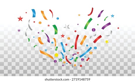 Confeti y serpentinas vibrantes y coloridas que explotan hacia afuera en forma de corazón contra un fondo transparente, perfecto para transmitir alegría, celebración y ocasiones festivas como cumpleaños, bodas