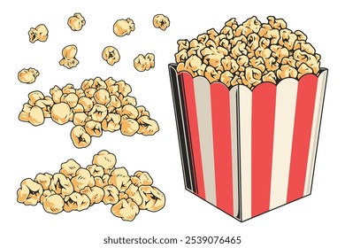 A vibrant and colorful depiction of popcorn overflowing from a classic striped bucket. Individual popcorn pieces are scattered around creating a playful and inviting vibe.