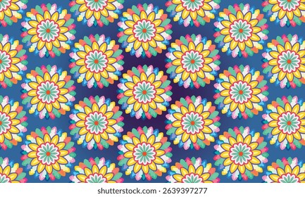 A vibrant, colorful design featuring a blend of geometric shapes and organic forms, incorporating a variety of hues and textures.