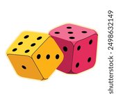 Vibrant and colorful dice vector illustration with yellow and pink dots isolated on a white background, perfect for board games, gambling, and casino entertainment