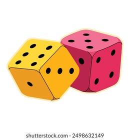 Vibrant and colorful dice vector illustration with yellow and pink dots isolated on a white background, perfect for board games, gambling, and casino entertainment