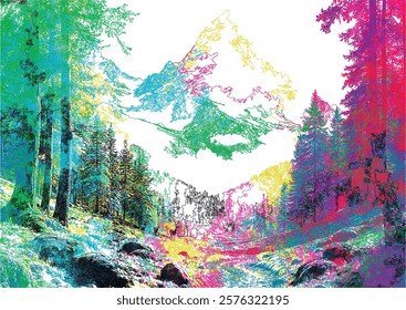 A vibrant and colorful digital artwork that depicts a serene mountain landscape. Towering trees frame the composition, their outlines intricately woven with a mosaic of bright, energetic hues.