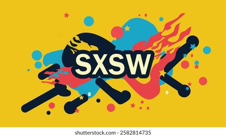 A vibrant and colorful digital design for SXSW (South by Southwest) featuring bold letters with a dynamic, energetic background of flames, dots, and abstract shapes