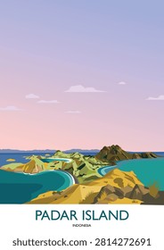 A vibrant, colorful digital vector illustration depicts the scenery of Padar Island—an iconic island with rugged terrain located in Komodo National Park, Indonesia (a UNESCO World Heritage site). The island is renowned for its scenic viewpoints offering breathtaking panoramas, expansive volcanic landscapes, and three unique types of beaches: white, black, and pink sand. It is situated in the West Manggarai Regency of East Nusa Tenggara.