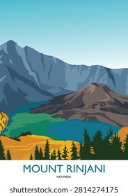A vibrant, colorful digital vector illustration depicts the landscape of Mount Rinjani, an active stratovolcano standing 3,726 meters tall in Lombok, West Nusa Tenggara. Indonesia's second-highest mountain is renowned for the breathtaking scenery of Segara Anak Lake and its challenging hiking trails.