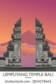A vibrant, colorful digital vector illustration depicts the landscape of Pura Lempuyang, the highest sacred Hindu temple complex located in Karangasem Regency, East Bali, Indonesia. Here, you can see the iconic 