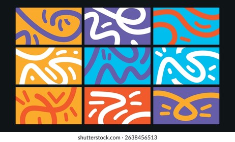 Vibrant colorful doodle style background with flowing curves and energetic brush shapes. Fun and creative backdrop ideal for kids and art-related visuals.