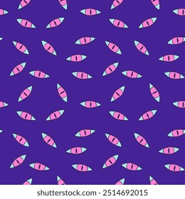 A vibrant, colorful eye pattern set against a rich purple background creates a striking visual