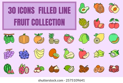 A vibrant and colorful filled-line illustration of 30 fruits, showcasing a playful and eye-catching style. suitable for creating app icons, recipe books, or playful branding elements.