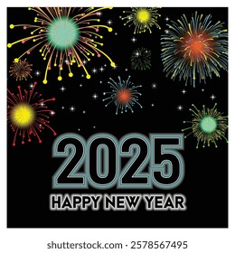 A vibrant of colorful fireworks, beautifully complementing the new year's greeting for 2025,  black background offering a joyful and celebratory atmosphere.Flat vector modern illustration  