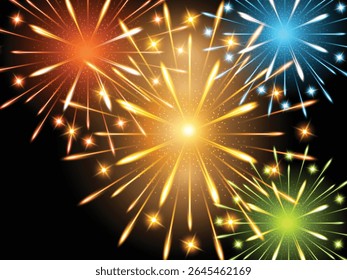 Vibrant and colorful fireworks explode against dark night sky in this festive background illustration. Perfect for celebrating holidays, New Year's Eve, Independence Day, festivals, or special event.