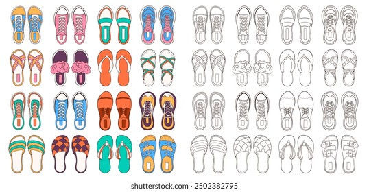 Vibrant and colorful flip flops, shoes, sneakers collection. Footwear set design in line art, flat style for shoes store, shop. Vector illustration isolated on a white background.