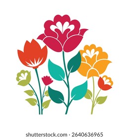 Vibrant and colorful floral arrangement with stylized flowers on white background