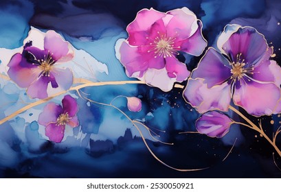 Pintura floral vibrante y colorida con delicadas flores de color rosa y púrpura sobre fondo azul. Los detalles intrincados de los pétalos y los acentos dorados crean un impresionante diseño de Vector de escena botánica