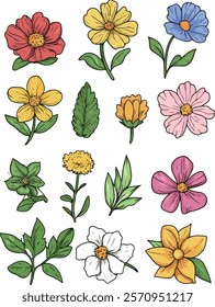 A vibrant and colorful floral pattern featuring various flowers in shades of pink, yellow, and purple, complemented by green leaves against a soft beige background.
