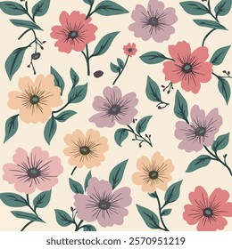 A vibrant and colorful floral pattern featuring various flowers in shades of pink, yellow, and purple, complemented by green leaves against a soft beige background.
