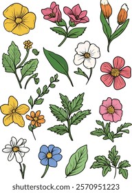 A vibrant and colorful floral pattern featuring various flowers in shades of pink, yellow, and purple, complemented by green leaves against a soft beige background.
