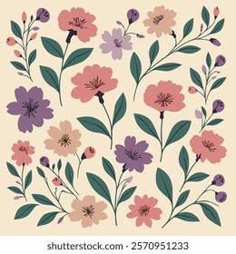 A vibrant and colorful floral pattern featuring various flowers in shades of pink, yellow, and purple, complemented by green leaves against a soft beige background.
