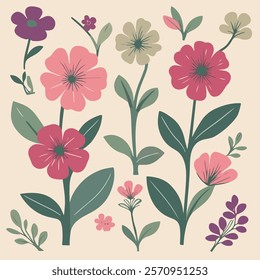 A vibrant and colorful floral pattern featuring various flowers in shades of pink, yellow, and purple, complemented by green leaves against a soft beige background.
