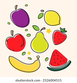 Vibrant and Colorful Fruit Collection with Apple, Pear, Strawberry, Banana, Watermelon, Lemon, and Plum