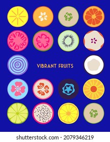 Vibrant colorful fruits and vegetables. Different colors and styles.