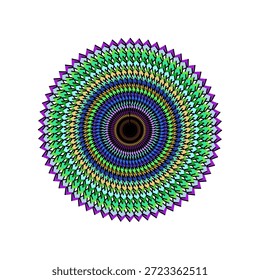 Un patrón de mandala geométrico vibrante y colorido con detalles intrincados y un diseño circular y simétrico sobre un fondo blanco.