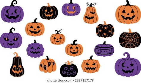 A vibrant and colorful Halloween pumpkin bundle set collection on white background, featuring various carved jack-o'-lanterns in orange, purple, and black for festive autumn holiday season party decorations.