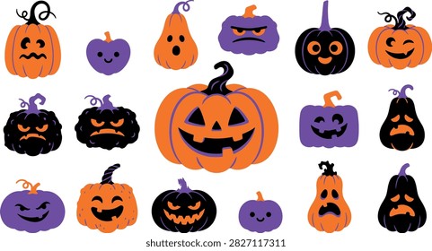 A vibrant and colorful Halloween pumpkin bundle set collection on white background, featuring various carved jack-o'-lanterns with spooky faces in orange, purple, and black colors for festive holiday decorations.