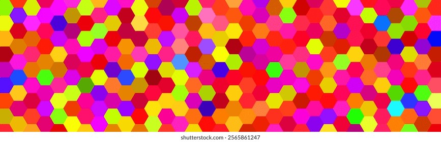 A vibrant and colorful hexagonal pattern composed of various hues. This abstract design creates a visually stimulating and dynamic effect.