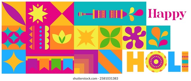 A vibrant and colorful Holi festival banner with Indian-inspired geometric patterns, designed in a bold vector style. Ideal for social media or festive decorations.