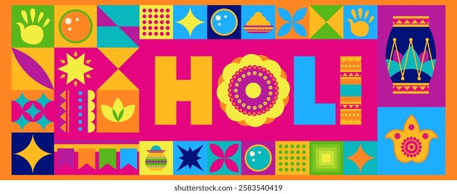 A vibrant and colorful Holi festival banner with Indian-inspired geometric patterns, designed in a bold vector style. Ideal for social media or festive decorations.