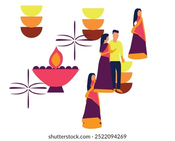 A vibrant and colorful illustration depicting traditional Diwali celebrations with diyas (oil lamps), fireworks, and rangoli designs. Perfect for festive greeting cards, posters, and digital b 