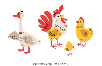 A Vibrant and Colorful Illustration of Farm Animals Featuring a Goose, a Rooster, and Chicks