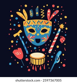 A vibrant and colorful illustration featuring a decorative carnival mask surrounded by festive elements such as feathers, confetti, musical instruments, and party accessories. 