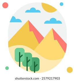 A vibrant and colorful illustration featuring mountains, trees, and a sunny sky, ideal for nature-themed projects.