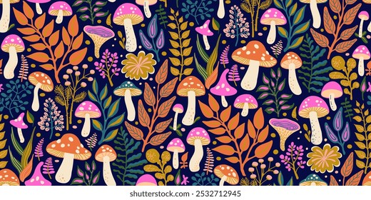 Vibrant, colorful illustration featuring seamless pattern of various mushrooms and foliage in pink, orange, green colors on dark blue. Design for Textiles, Fabrics, Fashion Prints, Wallpapers.