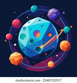 A vibrant and colorful illustration of a geometric space scene with planets, stars, and a swirling galaxy. Perfect for adding a whimsical and playful touch to your designs.