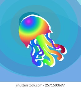 A vibrant and colorful illustration of a jellyfish swimming through the ocean. Its body glows with a rainbow of hues, and its tentacles trail behind it like ribbons. 