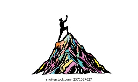 A vibrant, colorful illustration of a man standing triumphantly on a mountain peak, reaching towards the sky. The artwork symbolizes achievement, success, and reaching new heights.