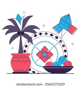 A vibrant and colorful illustration perfect for celebrating Makar Sankranti. Depicts traditional elements of the festival, ideal for websites, cards, social media, 