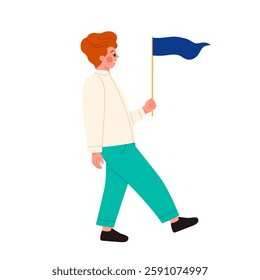 A vibrant and colorful illustration of a person joyfully walking while proudly holding a bright blue flag high