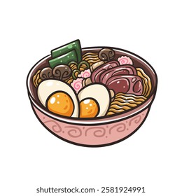 A vibrant and colorful illustration showcasing a delicious ramen bowl filled with eggs, noodles, and various toppings