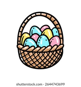 A vibrant and colorful illustration showing a basket filled to the brim with pastelcolored Easter eggs