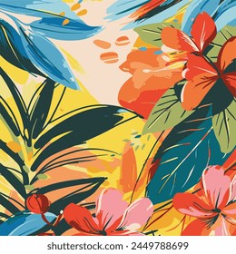 A vibrant and colorful illustration of tropical flowers, leaves, and plants in an abstract style