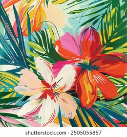 A vibrant and colorful illustration of tropical flowers, leaves, and plants in an abstract style