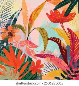 A vibrant and colorful illustration of tropical flowers, leaves, and plants in an abstract style