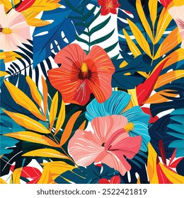 A vibrant and colorful illustration of tropical flowers, leaves, and plants