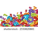 A vibrant, colorful jumble of 3D numbers in dynamic arrangement, ideal for educational materials, playful designs, or creative projects involving math and counting themes